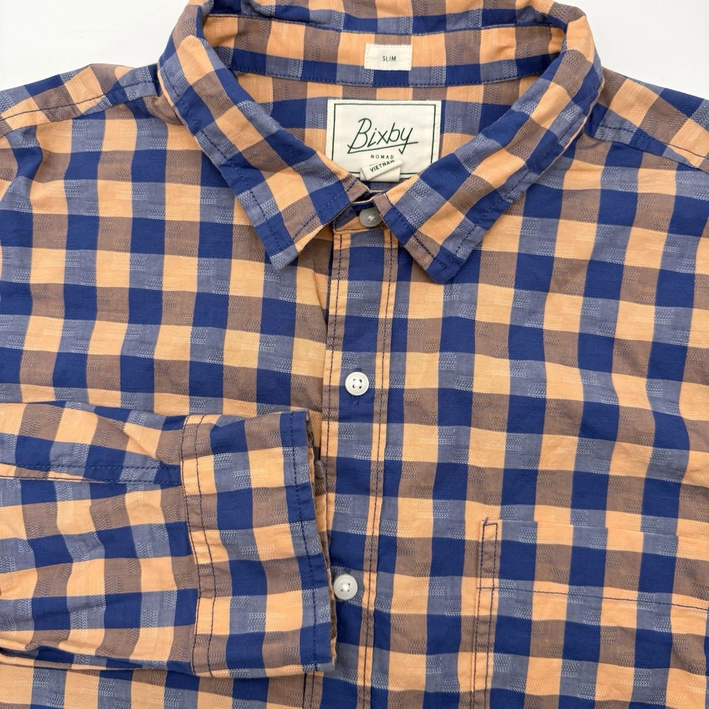 Bixby Nomad Button Down Shirt Mens XL Blue Orange Gingham Slim Fit Long Sleeve